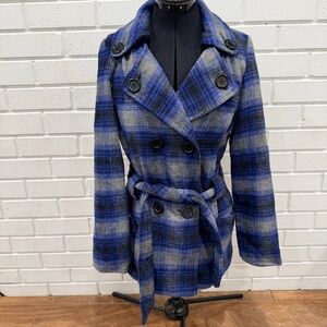 Joujou Women’s Medium Plaid Coat – Double Breasted, Belted